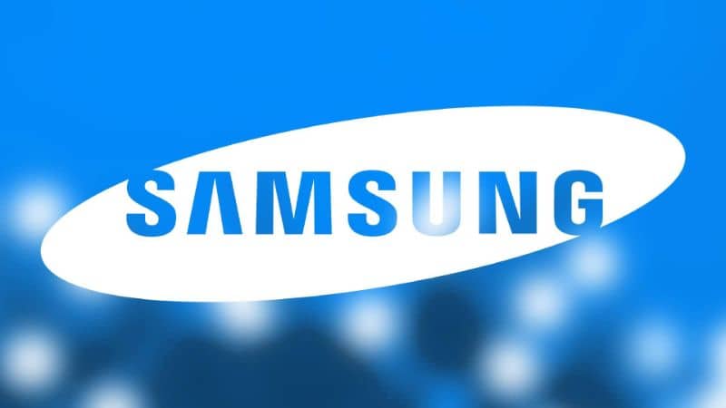 Samsungin valkoinen logo näön sininen tausta 