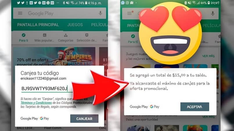 pantalla pasos google play store canjear tarjeta regalo otros paises