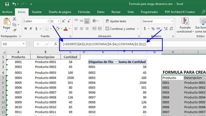dynaaminen taulukko Excelissä, joka käyttää funktiota desref