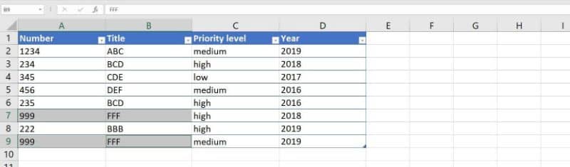 excel-näyttö kaksoiskappaleiden valinnalla