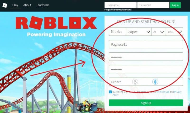 roblox-rekisteröintinäyttö virallisella verkkosivustolla