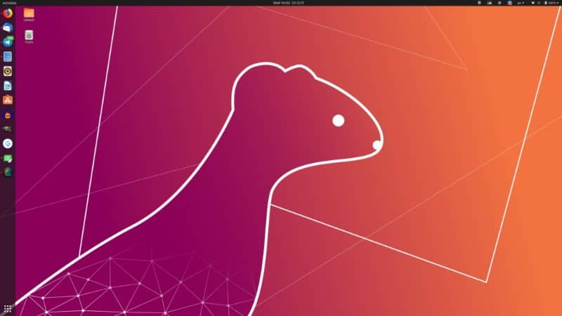 ubuntu-työpöytä ohjelmilla ja kaltevalla taustakuvalla
