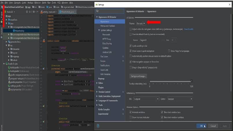 Android Studio -ohjelma pimeässä tilassa