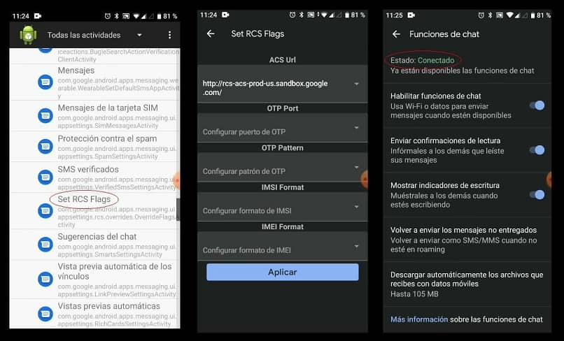 useat ikkunat avautuvat Android-viestien asetuksissa ja aktivoivat rcs-viestit