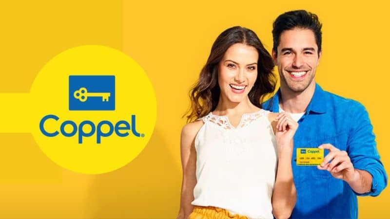 Logo coppel y pareja con tarjeta coppel