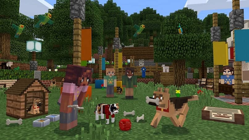 minecraft -hahmot leikkivät koiran kanssa