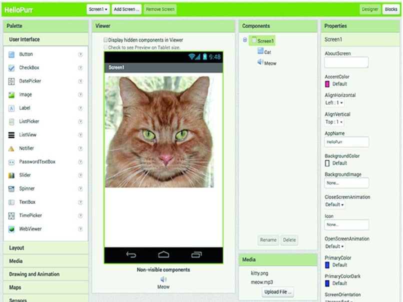 Kuinka laittaa kuvia sovelluksen painikkeisiin App Inventorin avulla? (Esimerkki) 1 APP Inventor gato