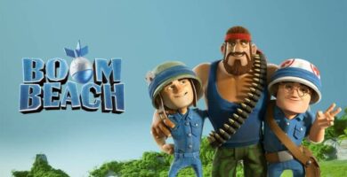 personajes de boom beach al lado de logo