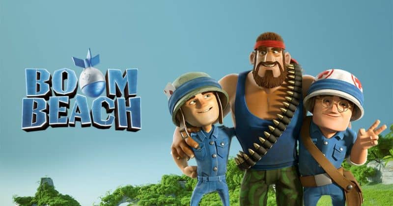 personajes de boom beach al lado de logo