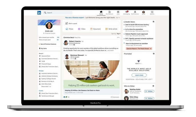 Linkedin -alustan käyttöliittymän ulkonäkö 