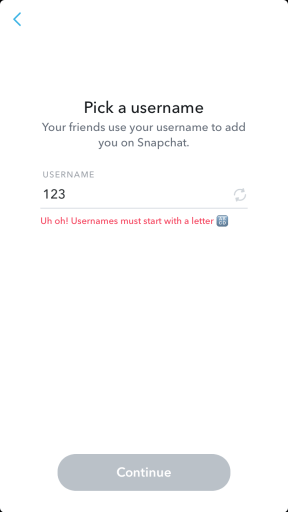 Snapchat-käyttäjätunnuksen kirjainvaatimus 