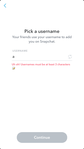 Snapchat-käyttäjätunnuksen merkkirajoitus