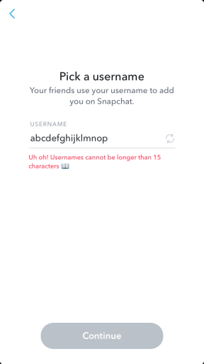 Snapchat-käyttäjätunnuksen merkkirajoitus
