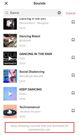 Näyttää vain äänet, jotka on lisensoitu kaupalliseen käyttöön TikTok