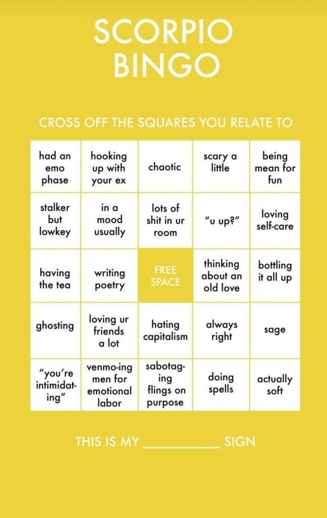 Astrologian bingomallit Instagramille 8 Skorpioni bingo