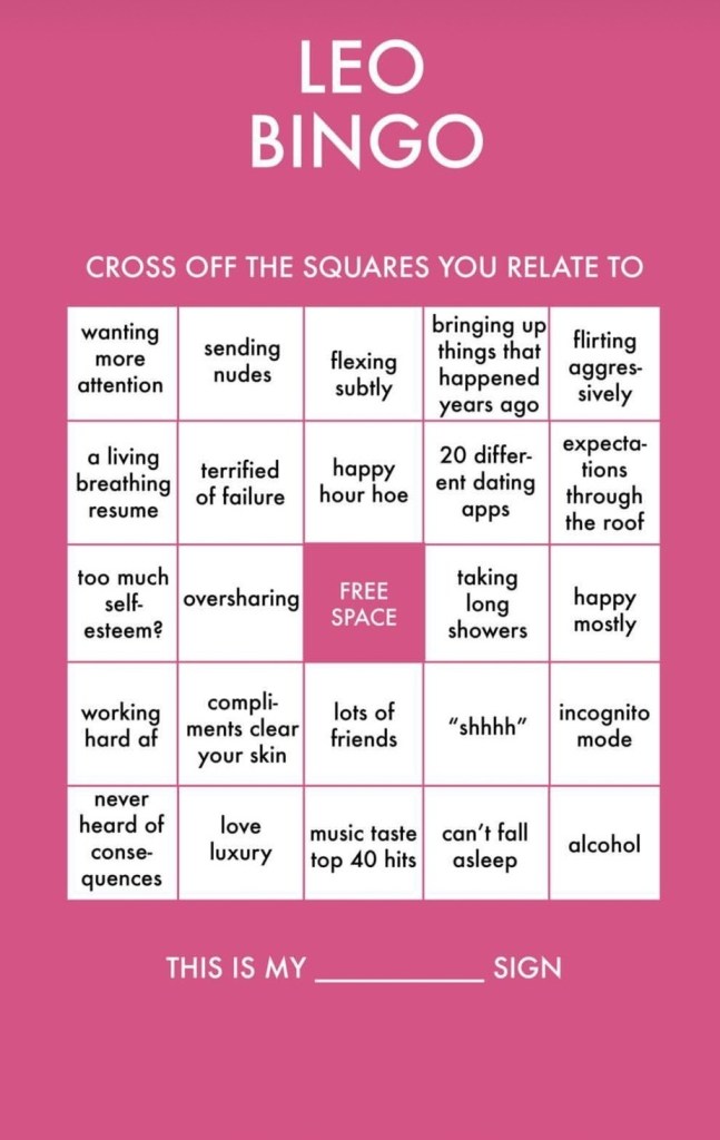 Astrologian bingomallit Instagramille 5 Leo bingo
