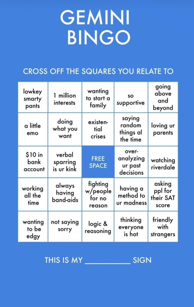 Astrologian bingomallit Instagramille 3 Kaksosten bingo