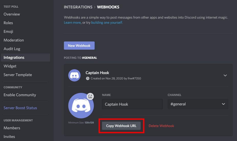 Discord Kopioi Webhookin URL-osoite